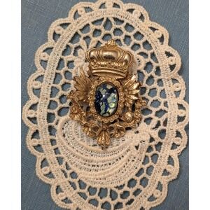 Vintage Crown Brooch Gold Tone Blue Art Glass Cabochon Royal Heraldic Pin